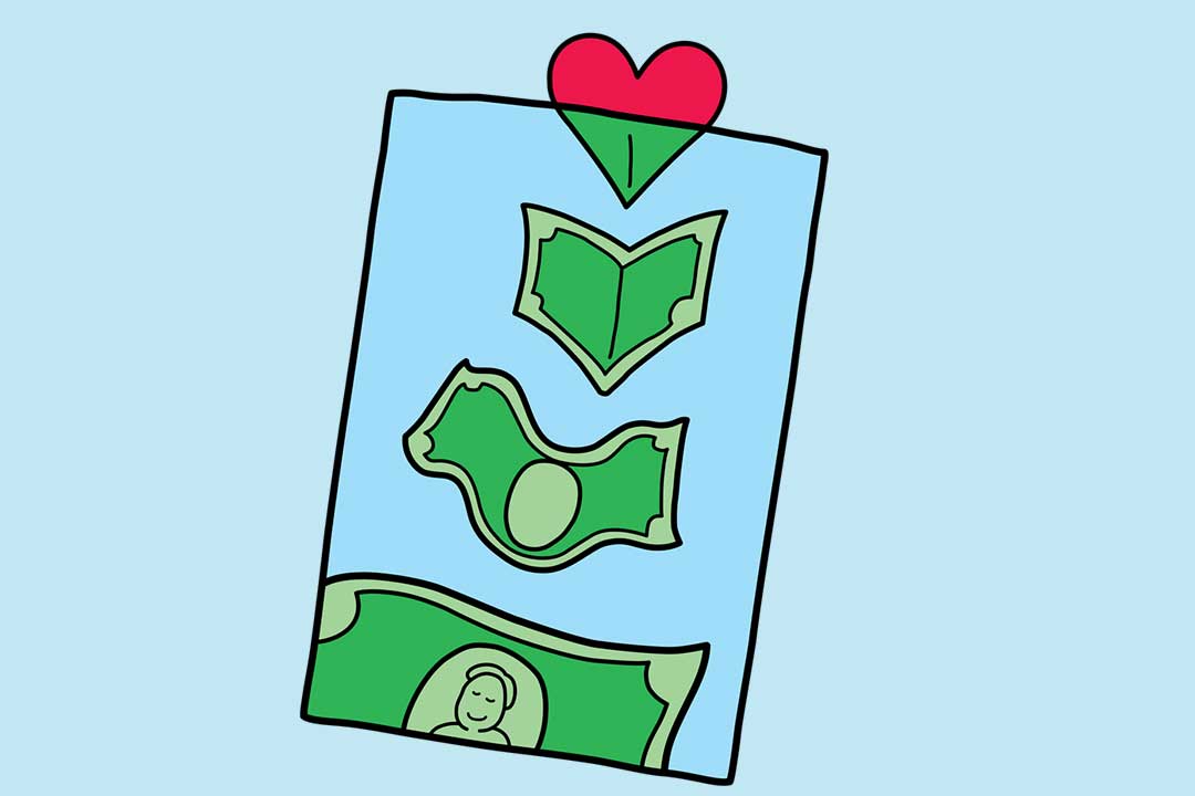 Denaro che entra in una borsa con un cuore che si trasforma in una banconota