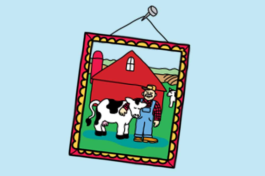 Immagine di un agricoltore che abbraccia la sua mucca